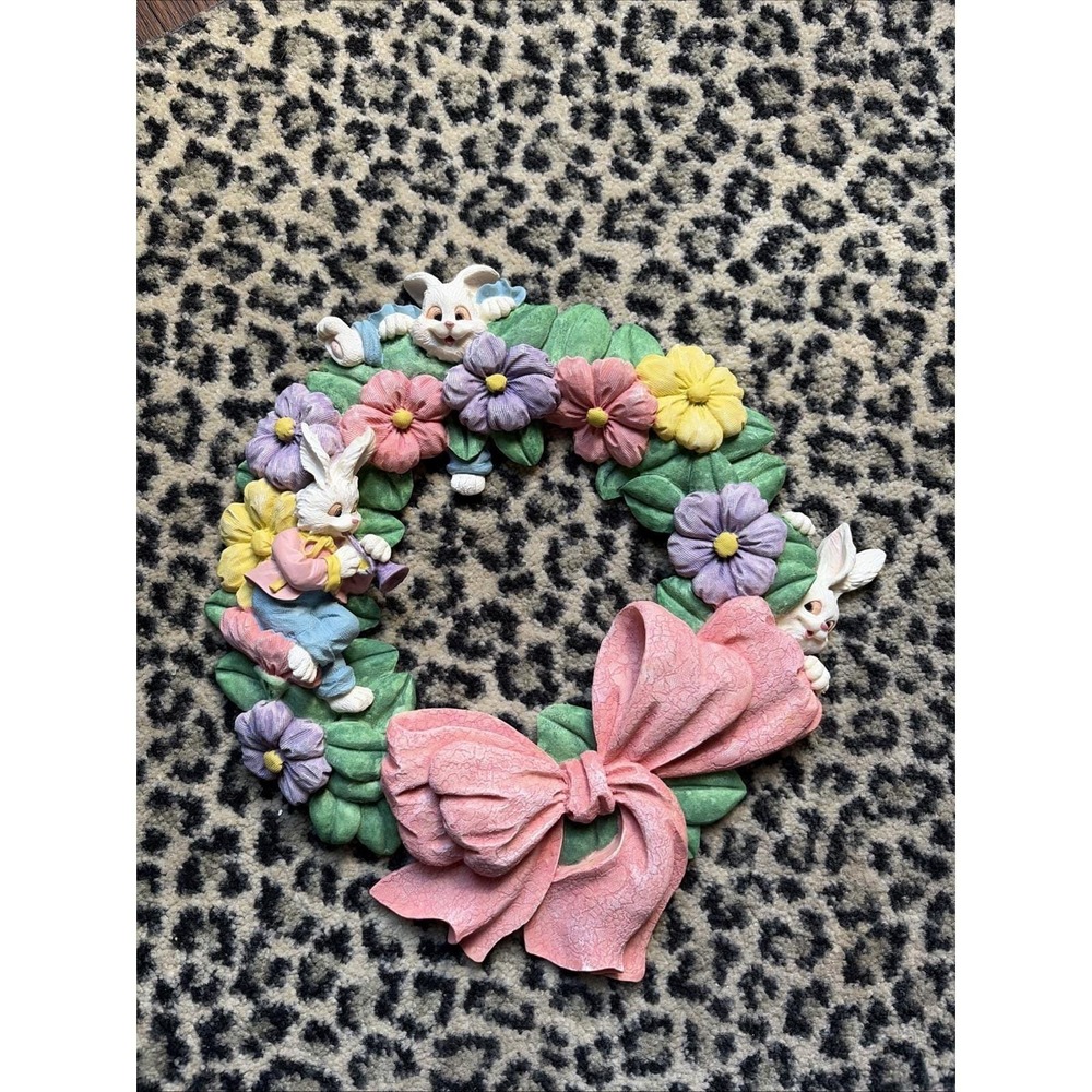 VTG 14" Resin Easter Pastel Wreath Bunny Spring‎ Flowers & Bow CottageCore 🎀
